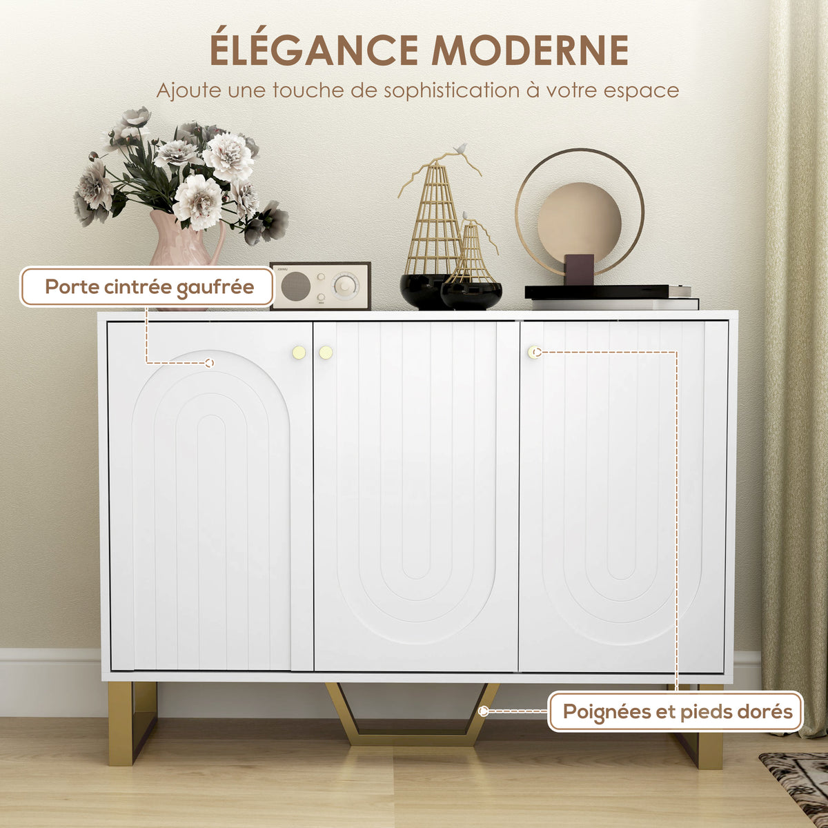 Buffet de salon avec placard à portes et étagère réglable, 106,5 x 35 x 77,5 cm, blanc