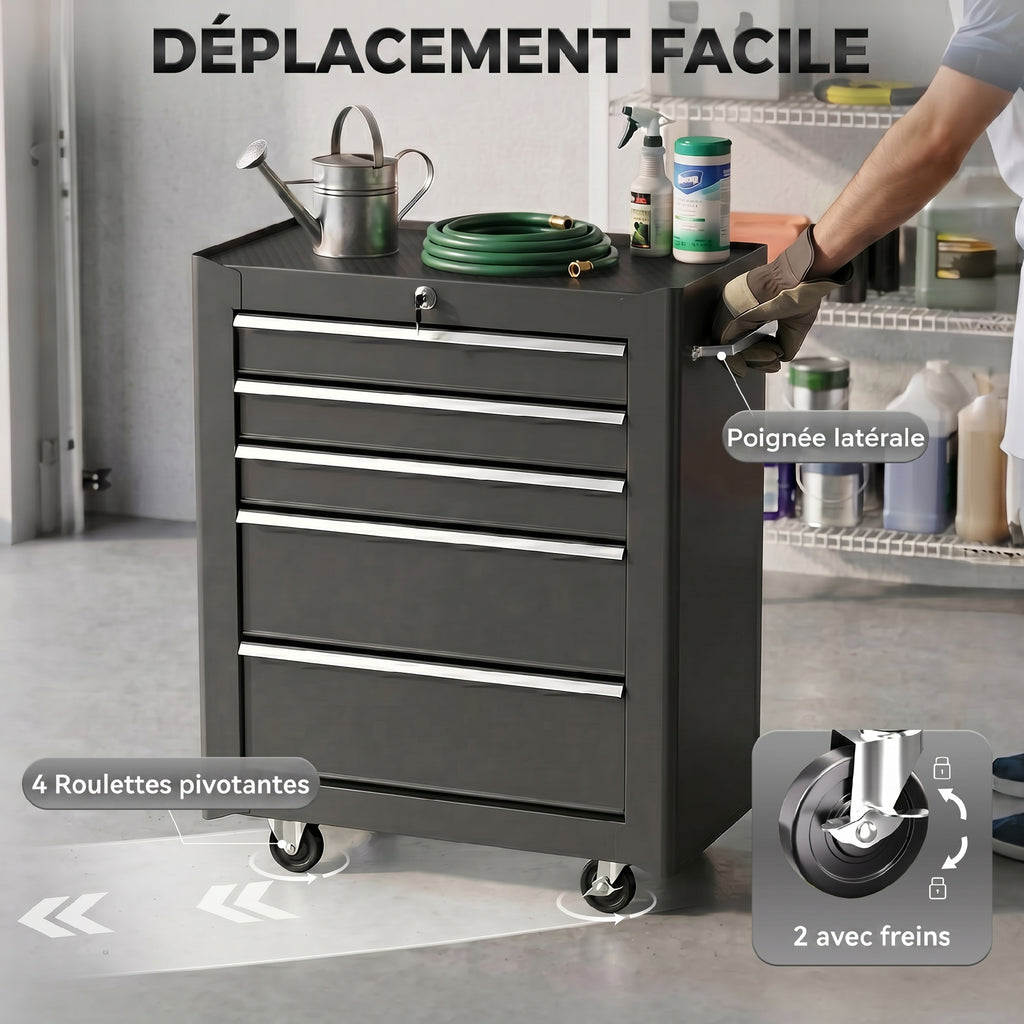 Chariot à outils sur roulettes, Servante d'atelier en acier 5 tiroirs verrouillable 2 clés, 61,5 x 33 x 82,5 cm, noir