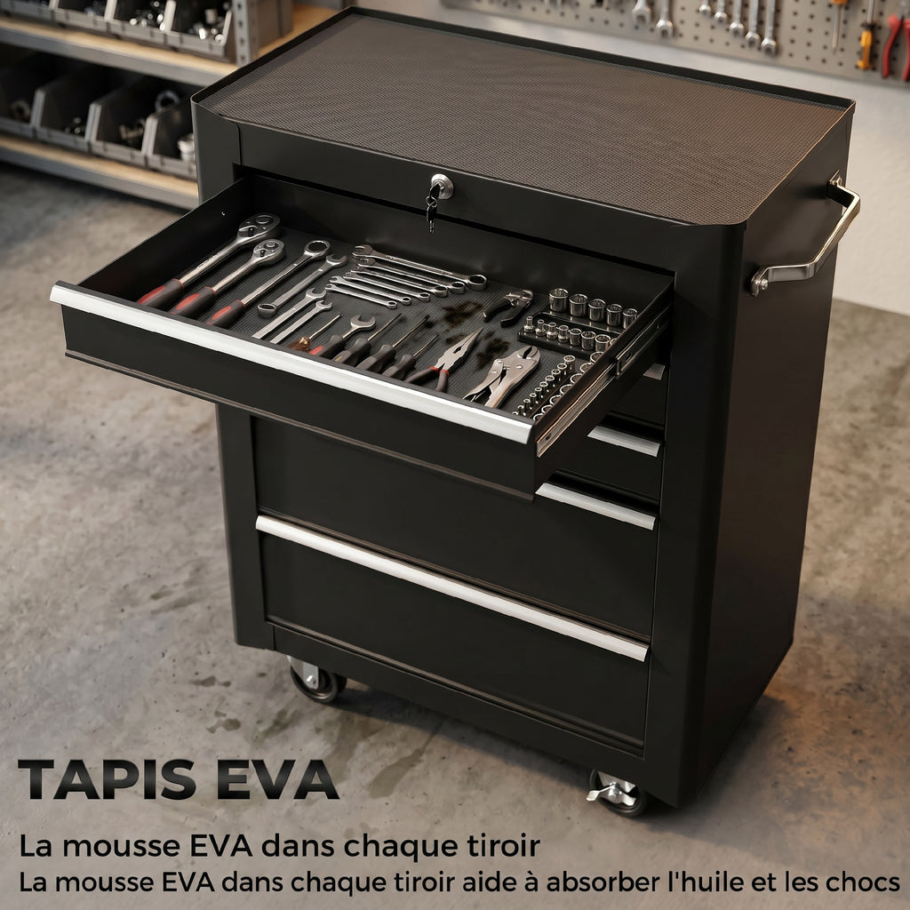 Chariot à outils sur roulettes, Servante d'atelier en acier 5 tiroirs verrouillable 2 clés, 61,5 x 33 x 82,5 cm, noir