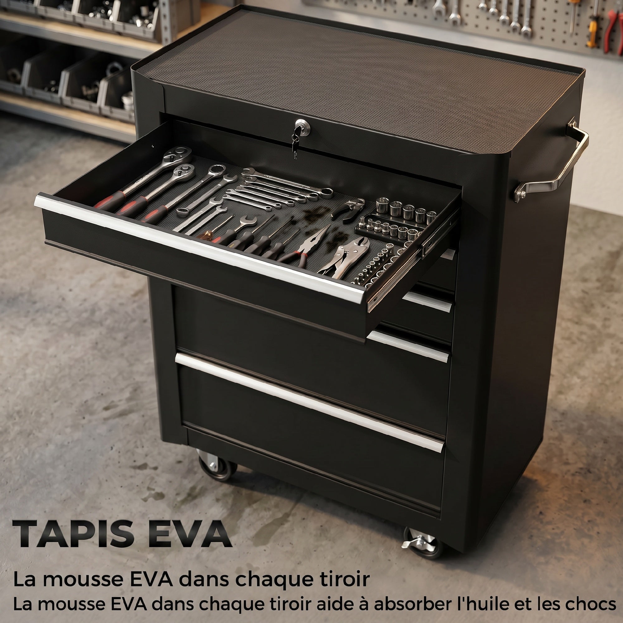 Chariot à outils sur roulettes, Servante d'atelier en acier 5 tiroirs verrouillable 2 clés, 61,5 x 33 x 82,5 cm, noir