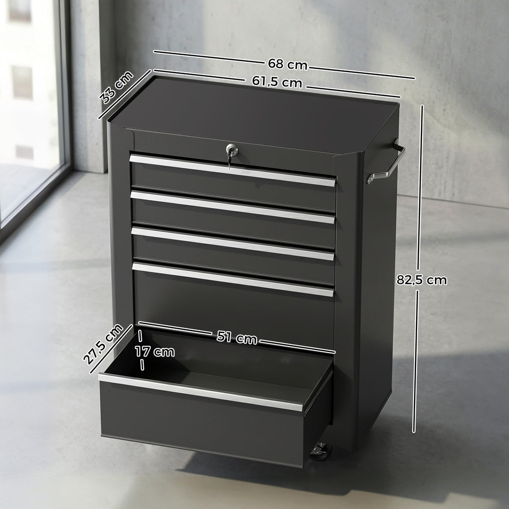 Chariot à outils sur roulettes, Servante d'atelier en acier 5 tiroirs verrouillable 2 clés, 61,5 x 33 x 82,5 cm, noir